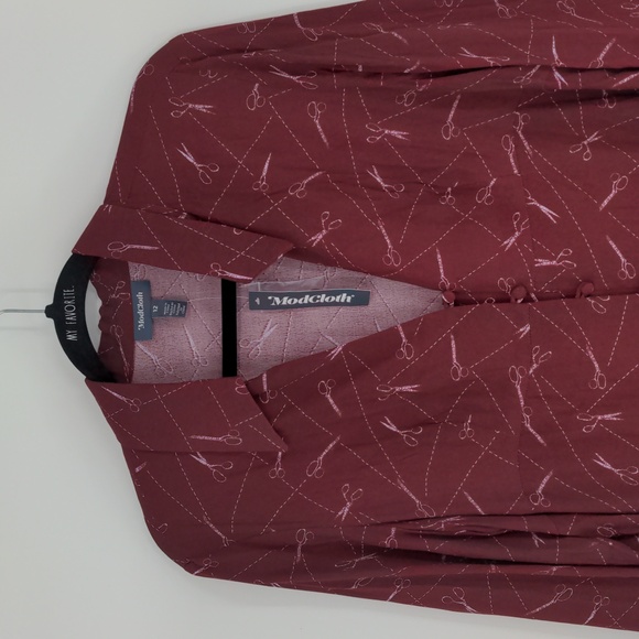 Modcloth A Cut Above Average Shirt Dress Size 12 Burgundy Scissors Hair Stylist‎ - Picture 2 of 16